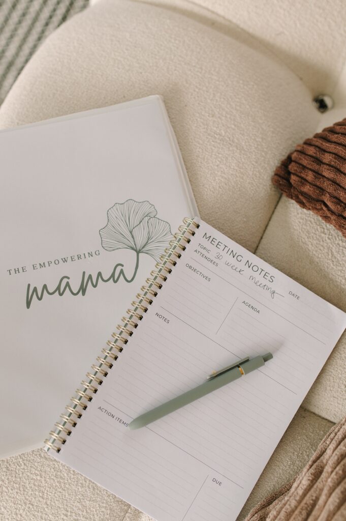 Detail photograph of a Doula's planner.