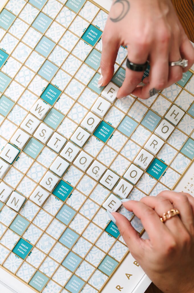 Flat lay of a Scrabble board