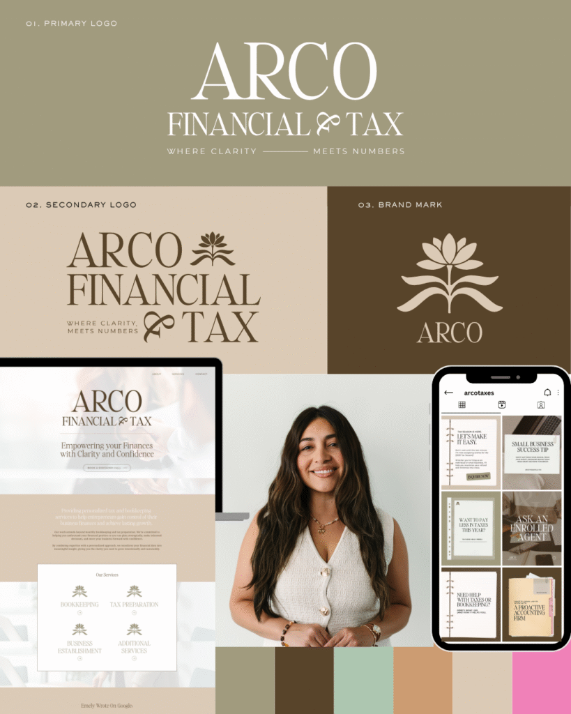 Brand designer highlight to show logo, headshot, and other assets that Brand Gloss designed for a client.