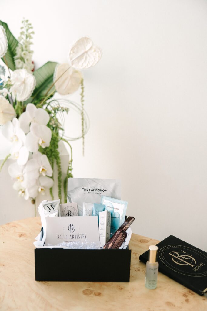 Product display of a wedding gift with skincare and other products