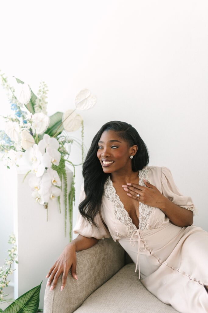 Bridal portrait on a couch.
