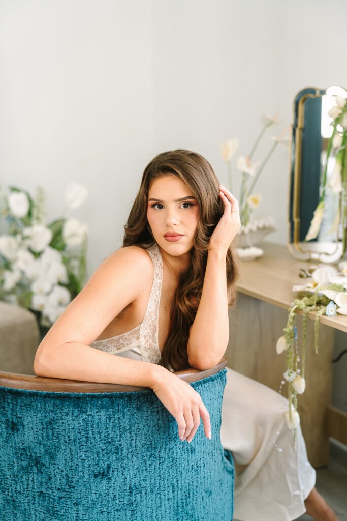 Bridal model with luxury wedding makeup and soft glam styling photographed by a Richmond branding photographer.