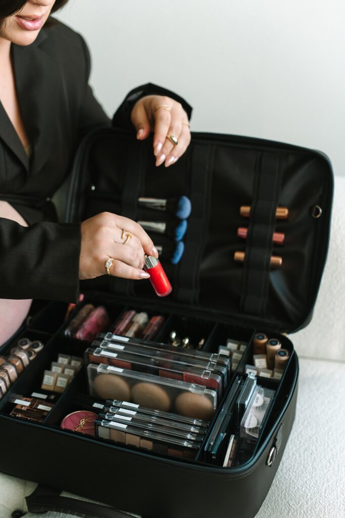 Professional luxury bridal makeup kit and beauty products photographed by a Richmond branding photographer.