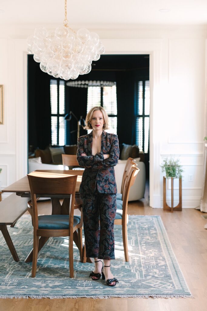 Professional branding headshots of Richmond interior designer Lyndee McQuarrie in a custom-designed kitchen.