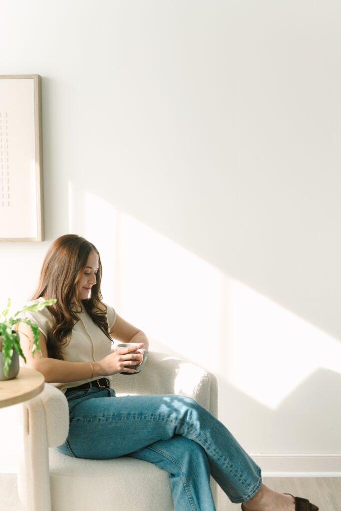Therapist with coffee during branding photography session